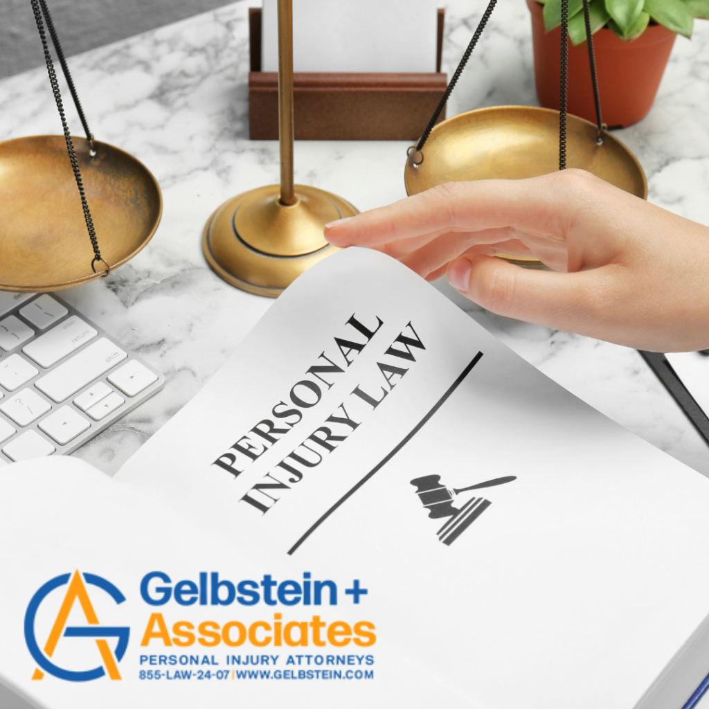 A hand flipping a page in a "Personal Injury Law" booklet with scales of justice, keyboard, and plant on a desk.
